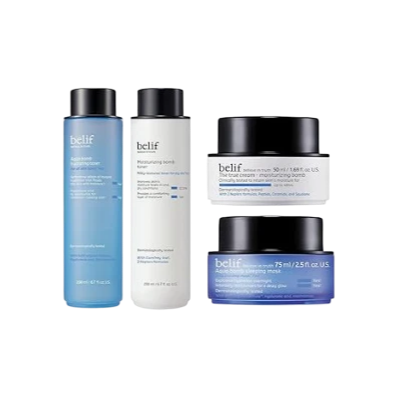 belif Night Care Routine – Aqua Bomb, Moisturizing Bomb Toner, Cream & Overnight Mask
